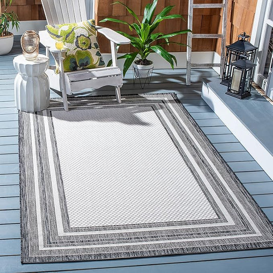 SAFAVIEH Courtyard Collection 6'7" Square Ivory / Black CY8475 Indoor/ Outdoor Waterproof Easy Cleaning Patio Backyard Mudroom Area Rug