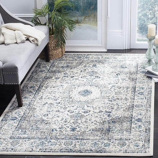SAFAVIEH Evoke Collection 4' x 6' Ivory/Grey EVK220D Shabby Chic Oriental Medallion Non-Shedding Living Room Bedroom Accent Rug
