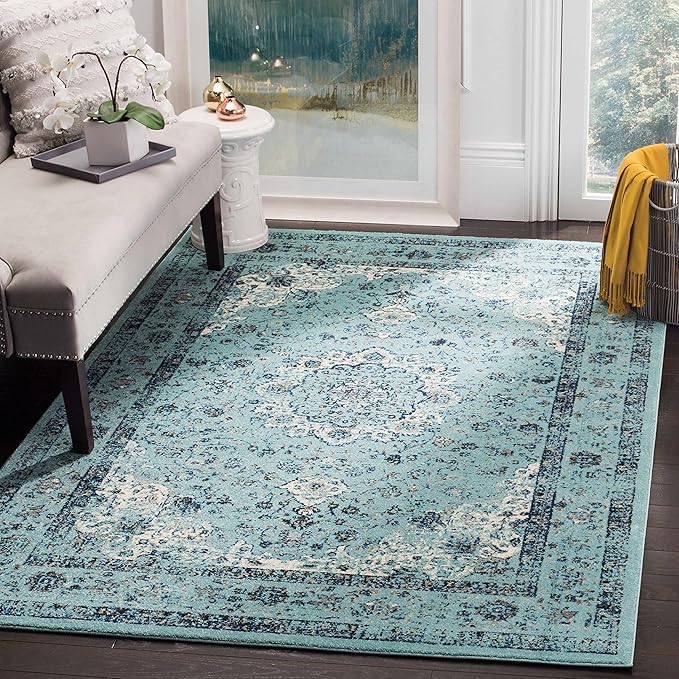 SAFAVIEH Evoke Collection 3' x 5' Light Blue / Light Blue EVK220E Shabby Chic Oriental Medallion Non-Shedding Living Room Bedroom Accent Rug