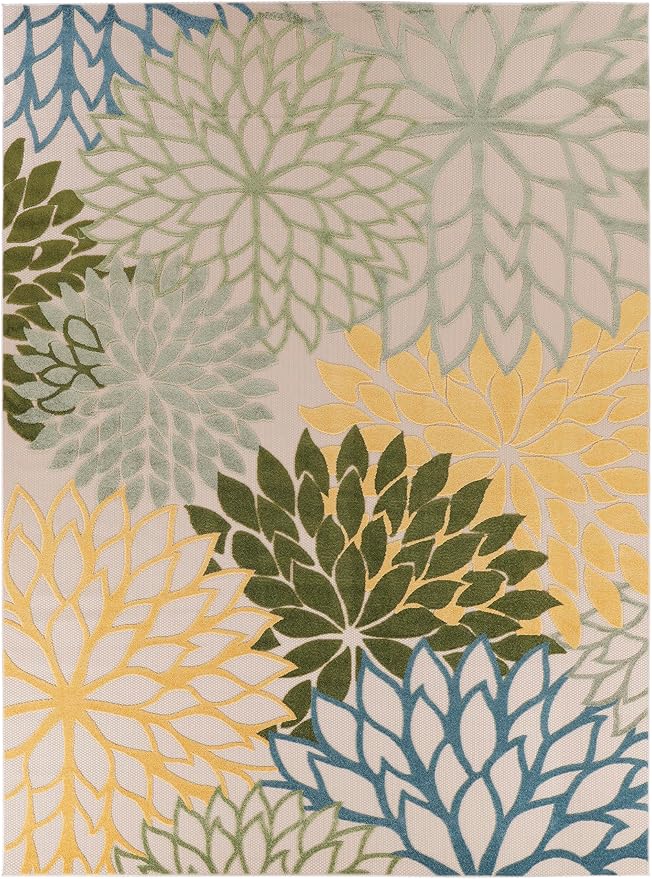 Nourison Aloha Indoor-Outdoor Green Multicolor 10' x 14' Area Rug, Easy Cleaning, Non Shedding, Bed Room, Living Room, Dining Room, Backyard, Patio, Deck (10x14)