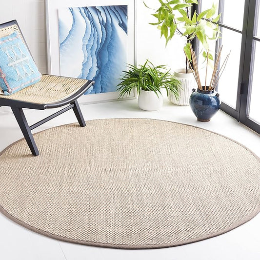 Safavieh Natural Fiber Collection Area Rug - 3' Round, Marble & Khaki, Border Sisal Design, Easy Care, Ideal for High Traffic Areas in Living Room, Bedroom (NF143E)