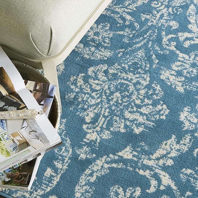 Nourison Jubilant Damask Blue 5'3'' x 7'3'' Area-Rug, Easy-Cleaning, Non Shedding, Bed Room, Living Room, Dining Room, Kitchen (5x7)