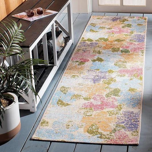 SAFAVIEH Summer Collection 2' x 8' Blue/Pink SMR410M Boho Indoor/ Outdoor Non-Shedding Easy-Cleaning Patio Backyard Porch Deck Mudroom Runner-Rug