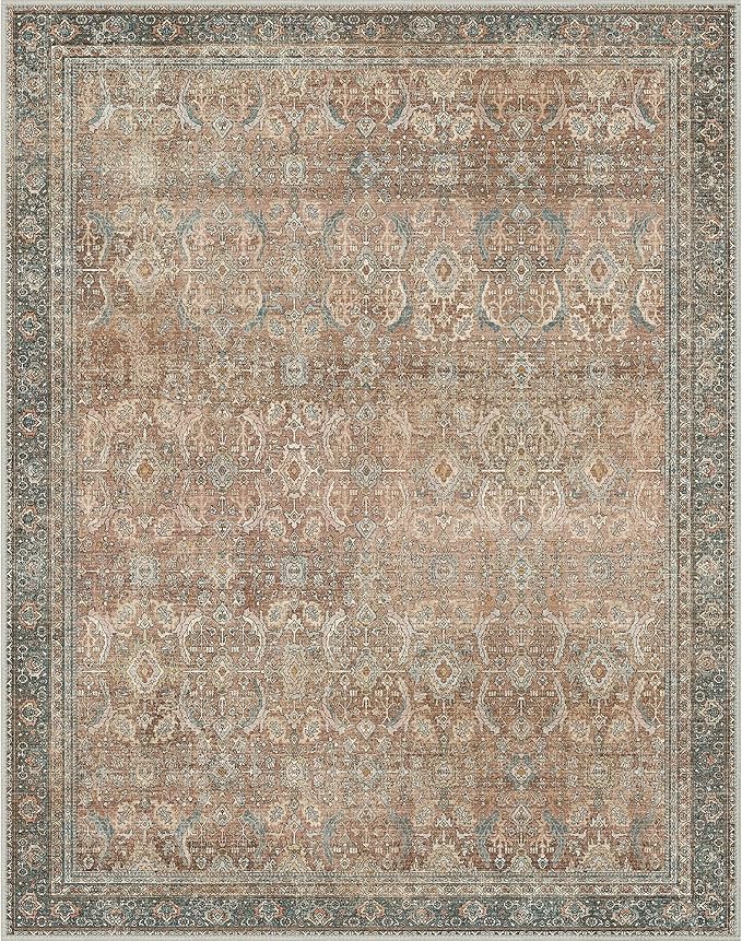8X10 Area Rugs Machine Washable Rugs for Living Room, Vintage Boho Large Rugs for Bedroom Dining Room, Non Slip Indoor Soft Distressed Lightweight Thin Low Pile Carpet, Cinnamon