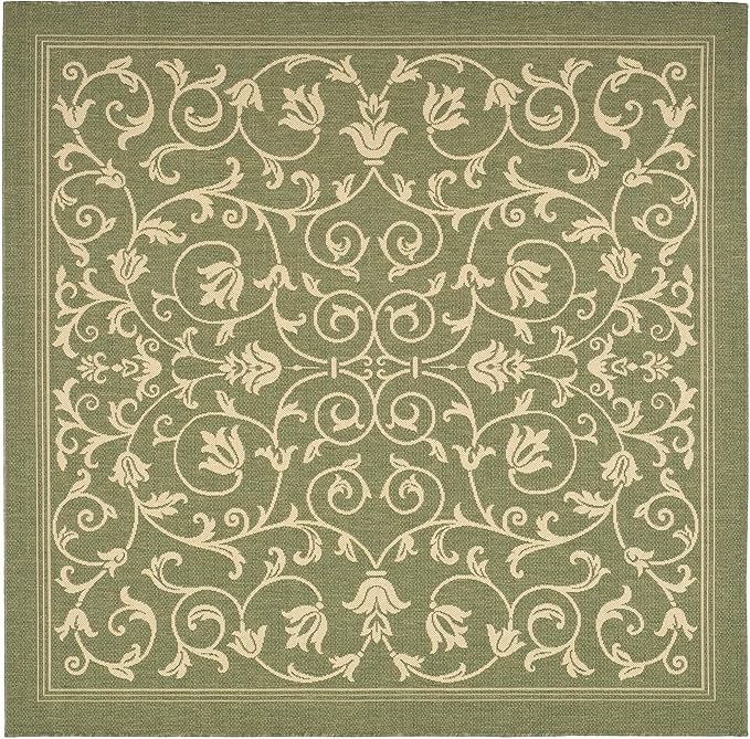 SAFAVIEH Courtyard Collection Area Rug - 7'1 Square, Olive & Natural, Scroll Design, Non-Shedding & Easy Care, Indoor/Outdoor & Washable-Ideal for Patio, Backyard, Mudroom (CY2098-1E06)