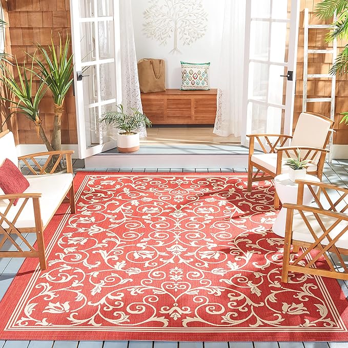SAFAVIEH Courtyard Collection 7'10" Square Red / Natural CY2098 Scroll Indoor/ Outdoor Waterproof Easy-Cleaning Patio Backyard Mudroom Area-Rug