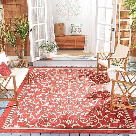 SAFAVIEH Courtyard Collection 7'10" Square Red / Natural CY2098 Scroll Indoor/ Outdoor Waterproof Easy-Cleaning Patio Backyard Mudroom Area-Rug