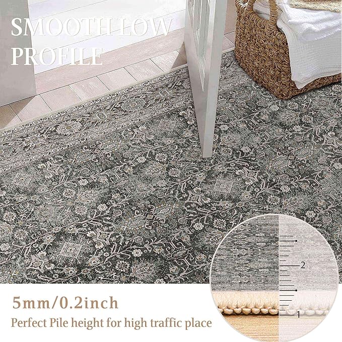 Vintage Area Rug 3x5 Black Entryway Office Washable Carpet Non Slip Bedroom Indoor Living Room Door Mat Low Pile Traditional Distressed Retro Accent Rug for Dining Room Bathroom Kitchen