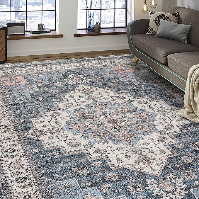 Vintage Area Rug, 9x12 Washable Rugs for Living Room Bedroom Indoor Throw Rug, Distressed Boho Country Accent, Thin Low-Pile Floor Carpet for Kids Pet (Navy/Brown)