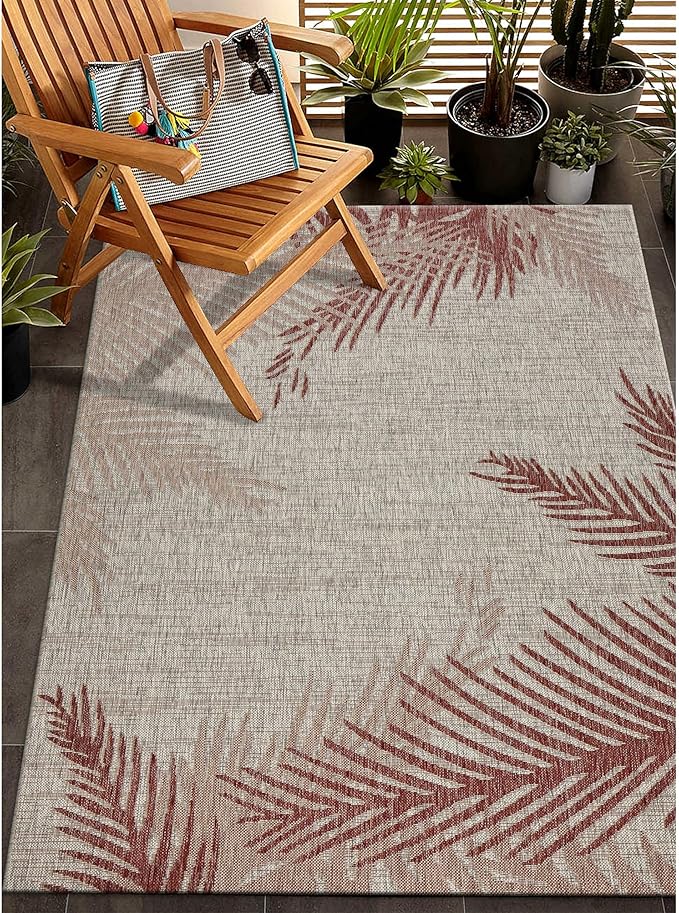 LR Home 5 x 7 Indoor/Outdoor Area Rug for Home Decor | Coastal Palm Leaf Carpet for Living Room, Bedroom, playroom, Patio, Garden | Modern Farmhouse Rug | Red/Beige