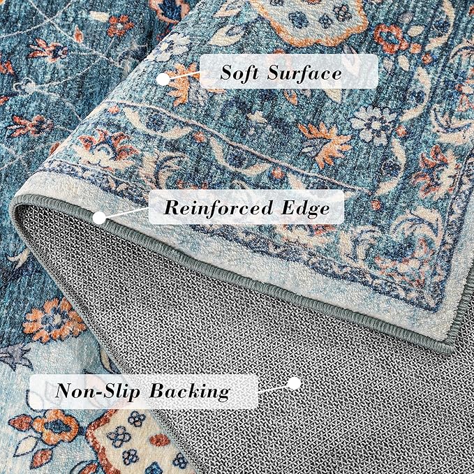 2x3 Area Rugs Washable Boho Rug, Non Slip Carpet for Living Room, Bedroom, Kitchen, Soft Low-Pile, Indigo/Floral