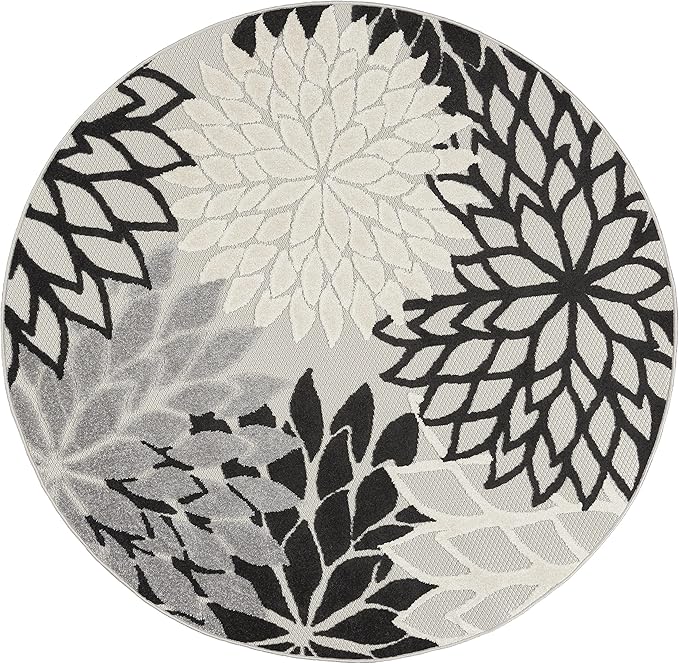 Nourison Aloha 48" Round Fabric Indoor/Outdoor Rug in Black/White Finish
