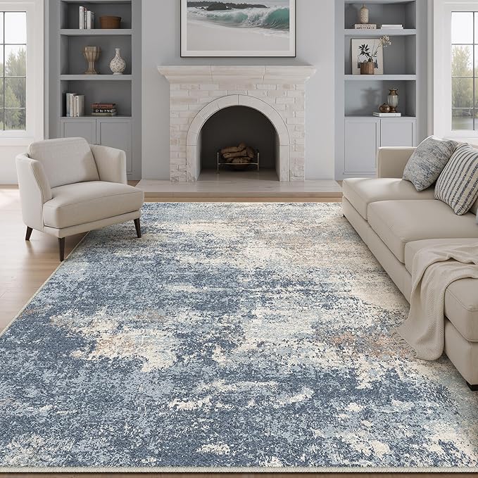 6x9 Washable Rugs Dark Blue Hallway Large Area Rug Indoor Accent Rug Abstract Non Slip Low Pile Carpet Distressed Throw Rug for Bedroom Living Room Office Dining Room Kitchen Laundry Room