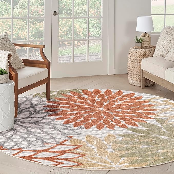 Nourison Aloha 63x63 Outdoor Polypropylene Fabric Rug in Ivory/Multi-Color