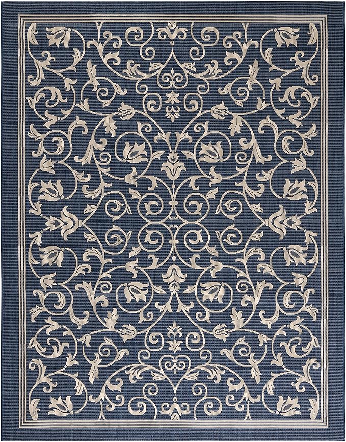 SAFAVIEH Courtyard Collection Area Rug - 9' x 12', Navy & Beige, Scroll Design, Non-Shedding & Easy Care, Indoor/Outdoor & Washable-Ideal for Patio, Backyard, Mudroom (CY2098-268)