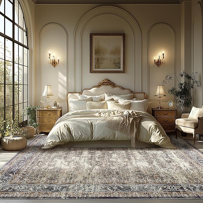 9x12 ft Washable Area Rug, Non-Slip Boho Style for Living Room, Patio & Indoor Use, Brown Outdoor Rug for Home & Garden