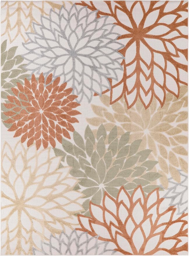 Nourison Aloha Indoor-Outdoor Ivory Multicolor 9' x 12' Area Rug, Easy Cleaning, Non Shedding, Bed Room, Living Room, Dining Room, Backyard, Deck, Patio (9x12)