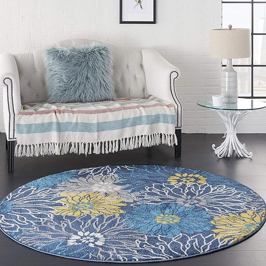 Nourison Passion Blue 4' x Round Area Rug, Floral, Farmhouse, Easy Cleaning, Non Shedding, Bed Room, Living Room, Dining Room, Kitchen, (4' Round)