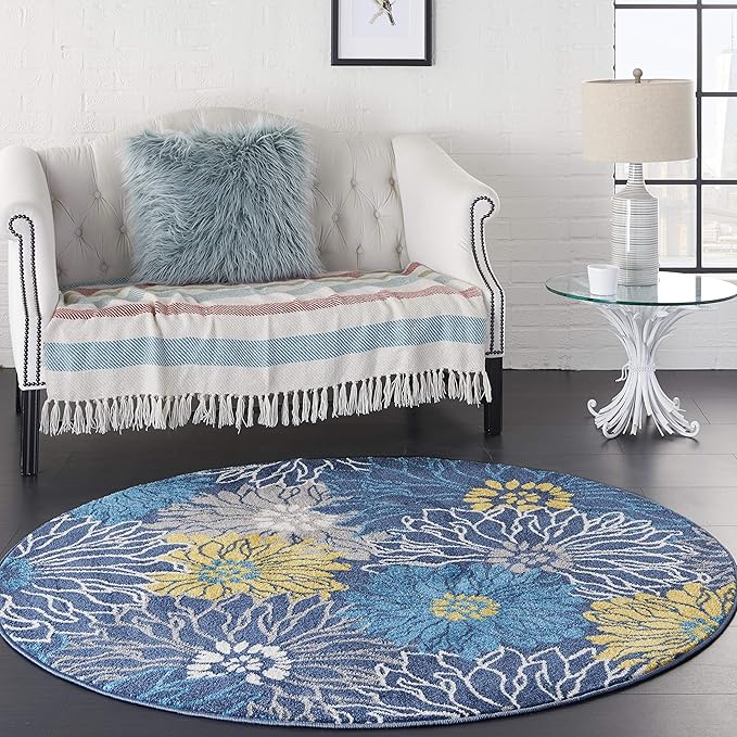 Nourison Passion Blue 5'3" x Round Area Rug, Floral, Farmhouse, Easy Cleaning, Non Shedding, Bed Room, Living Room, Dining Room, Kitchen, (5' Round)