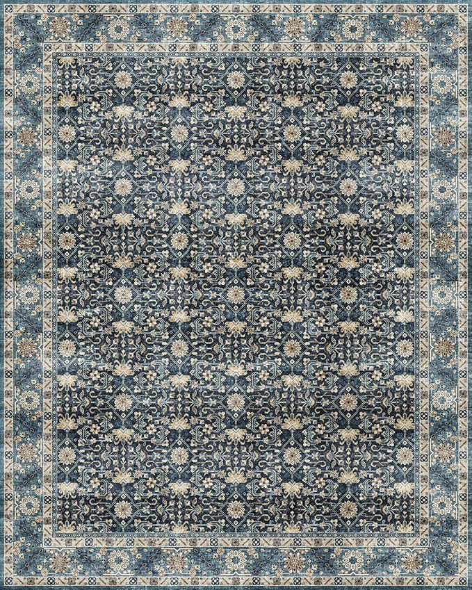 Dripex 8x10 Area Rugs, Machine Washable Non Slip Distressed Boho Rugs,Large Area Rug for Bedroom Aesthetic, No Pile Lightweight Vintage Rug, Carpet for Living Room Dining Room Apartment Den,Navy Blue