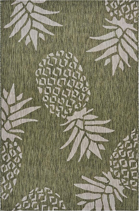 LR Home 5 x 7 Indoor / Outdoor Area Rug for Home Decor | Coastal Pineapples large size carpet for living room, bedroom, playroom, patio, garden | Modern farmhouse rug | Dark Green / Beige