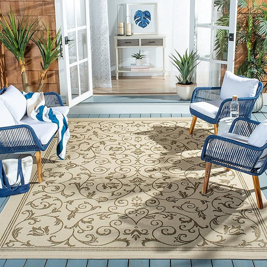 SAFAVIEH Courtyard Collection Area Rug - 7'1 Square, Natural & Brown, Scroll Design, Non-Shedding & Easy Care, Indoor/Outdoor & Washable-Ideal for Patio, Backyard, Mudroom (CY2098-3001)