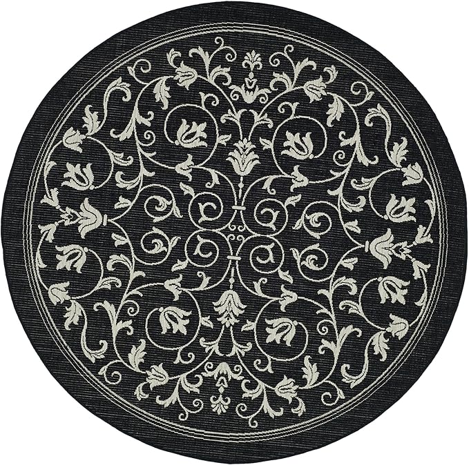 SAFAVIEH Courtyard Collection 6'7" Round Black / Sand CY2098 Scroll Indoor/ Outdoor Waterproof Easy-Cleaning Patio Backyard Mudroom Area-Rug