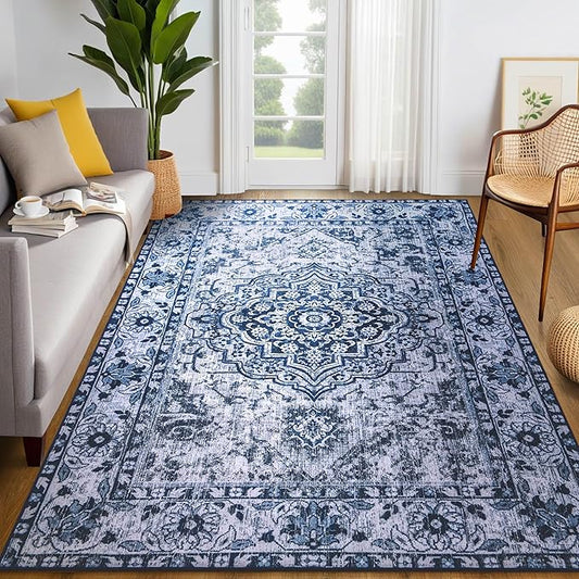 YJ.GWL Large Area Rug for Living Room, 6x9 Machine Washable Boho Rug for Bedroom, Low Pile Lightweight Thin Rugs Floral Vintage Distress Print Pattern Carpet for Dining Room, Blue/White