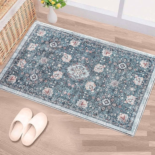 2x3 Area Rugs Washable Boho Rug, Non Slip Carpet for Living Room, Bedroom, Kitchen, Soft Low-Pile, Indigo/Floral