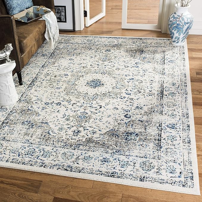 SAFAVIEH Evoke Collection Area Rug - 6'7" x 9', Ivory & Grey, Shabby Chic Oriental Medallion Design, Non-Shedding & Easy Care, Ideal for High Traffic Areas in Living Room, Bedroom (EVK220D)