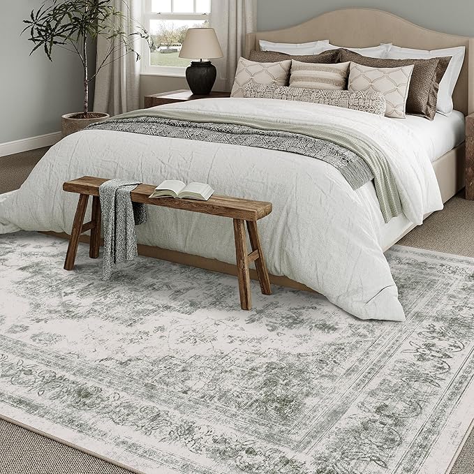 Washable Rug 9x12 Area Rug for Living Room Gray Vintage Boho Medallion Large Grey Distressed Retro Carpet Non Slip Indoor Low Pile Small Soft Bedroom Dining Room Home Office