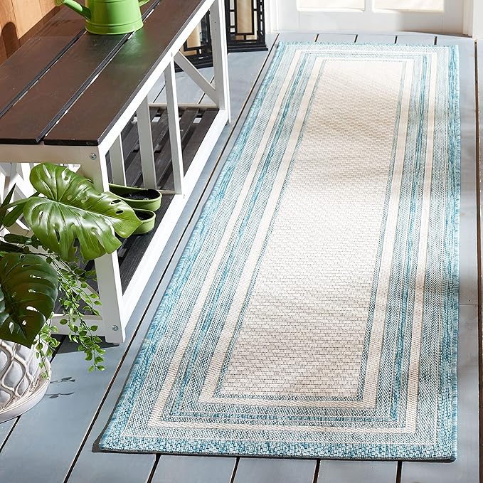 SAFAVIEH Courtyard Collection Runner Rug - 2'3" x 12', Ivory & Aqua, Geometric Pattern, Indoor/Outdoor & Washable, Ideal for Patio, Backyard, Mudroom (CY8475-53612-212)