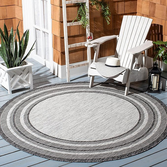 SAFAVIEH Courtyard Collection 4' Round Light Grey/Black CY8475 Indoor/Outdoor Non-Shedding Easy Cleaning Patio Backyard Porch Deck Mudroom Area Rug