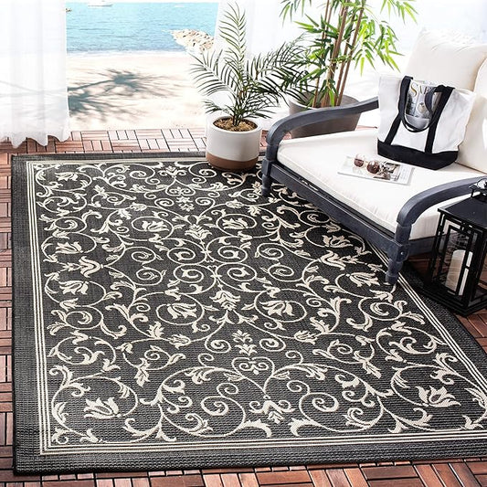 SAFAVIEH Courtyard Collection 5'3" Square Black / Sand CY2098 Scroll Indoor-Outdoor Waterproof Easy-Cleaning Patio Backyard Mudroom Area-Rug