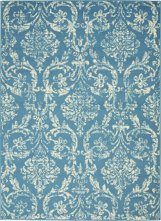 Nourison Jubilant Damask Blue 5'3'' x 7'3'' Area-Rug, Easy-Cleaning, Non Shedding, Bed Room, Living Room, Dining Room, Kitchen (5x7)
