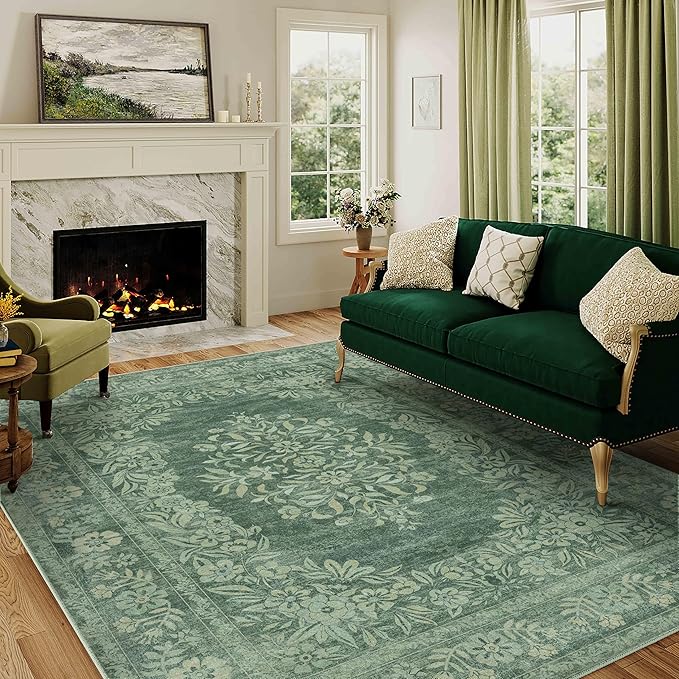 3x5 Area Rug Green Washable Office Vintage Distressed Carpet Bedroom Indoor Medallion Floral Living Room Non Slip Retro Throw Floor Mat for Dining Room Kitchen Bathroom