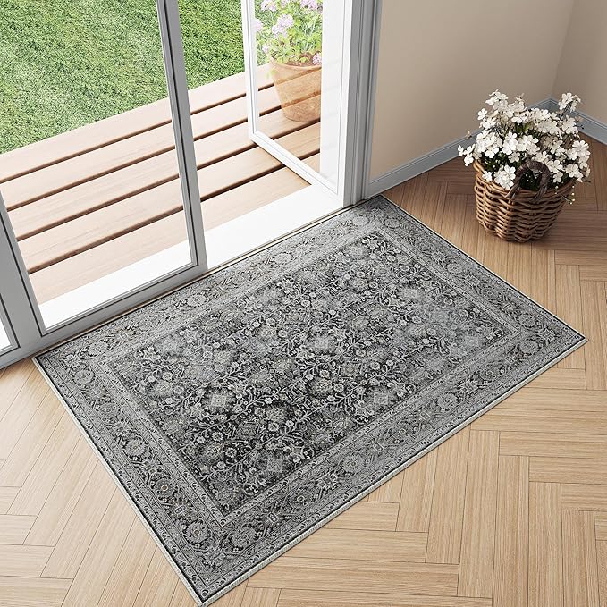 Black Entryway Rug 2x3 Vintage Area Carpet Indoor Kitchen Washable Door Mat Living Room Entrance Small Low Pile Traditional Distressed Retro Accent Throw Rug Non Slip Office Bathroom