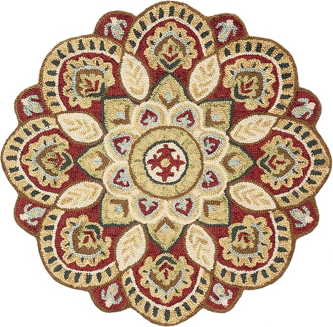 SAFAVIEH Novelty Collection Area Rug - 3' Round, Red & Taupe, Handmade Boho Floral Rustic Country Wool, Ideal for High Traffic Areas in Living Room, Bedroom (NOV604Q)