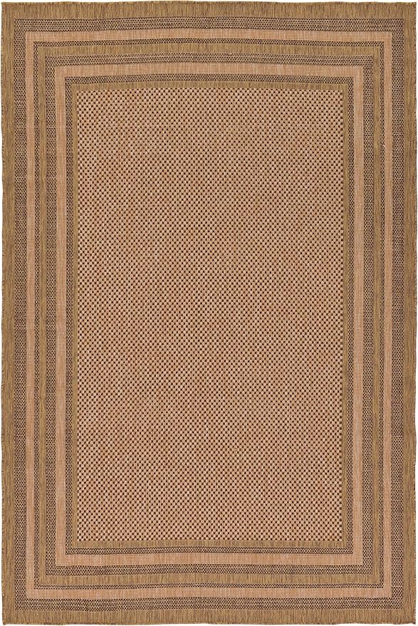 Unique Loom Outdoor Border Collection Area Rug - Multi Border (7' x 10' Rectangle, Light Brown/ Brown)