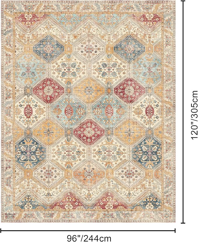 Bavni 8x10 Area Rugs for Living Room, Machine Washable Rug Non Slip, Vintage Chenille Distressed Print Carpet, Large Low Pile Ultra-Thin Lightweight Rugs for Bedroom, Dining Room, Home, Office, Orange