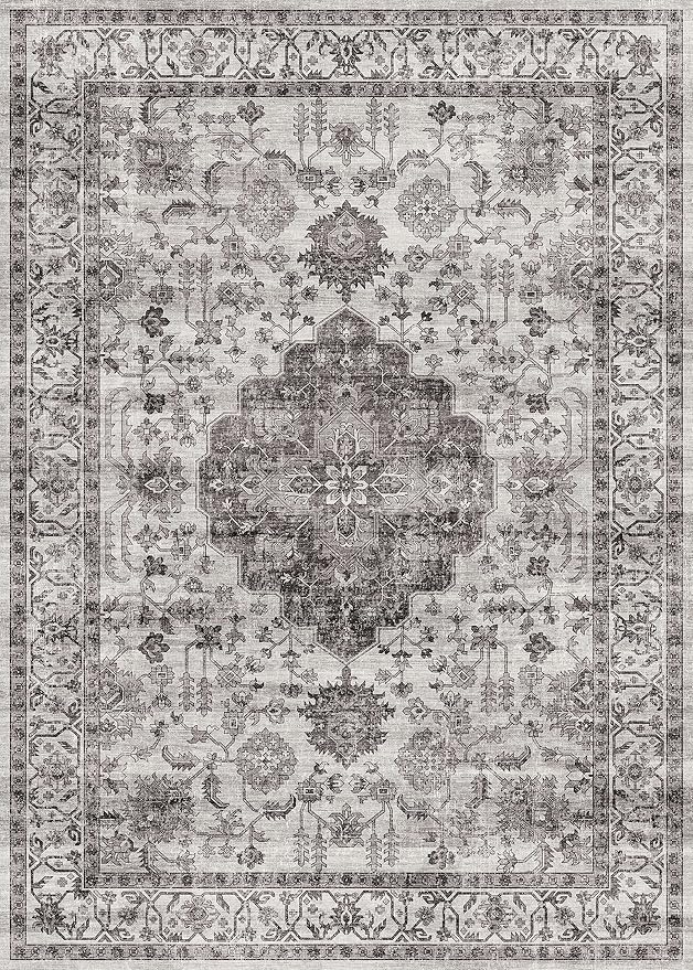 Dripex 5x7 Area Rugs, Machine Washable Non Slip Distressed Boho Rugs, No Pile Lightweight Vintage Rug, Floor Carpet for Living Room,Dining Room,Bedroom and Office,Grey