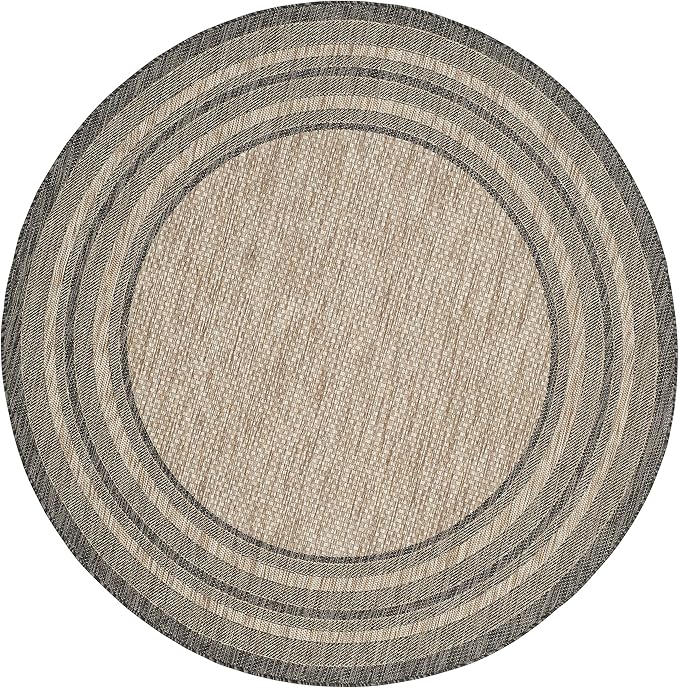 SAFAVIEH Courtyard Collection Area Rug - 10' Round, Natural & Black, Geometric Pattern, Indoor/Outdoor & Washable, Ideal for Patio, Backyard, Mudroom (CY8475-37312-10R)