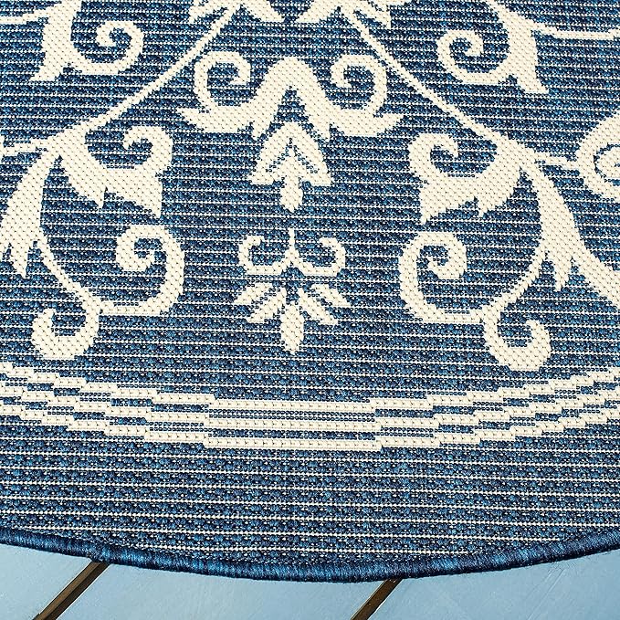 SAFAVIEH Courtyard Collection 5'3" Round Navy/Beige CY2098 Scroll Indoor/ Outdoor--Waterproof Easy--Cleaning Patio Backyard Mudroom Area--Rug