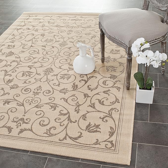 SAFAVIEH Courtyard Collection Accent Rug - 2'7" x 5', Natural & Brown, Scroll Design, Non-Shedding & Easy Care, Indoor/Outdoor & Washable-Ideal for Patio, Backyard, Mudroom (CY2098-3001)
