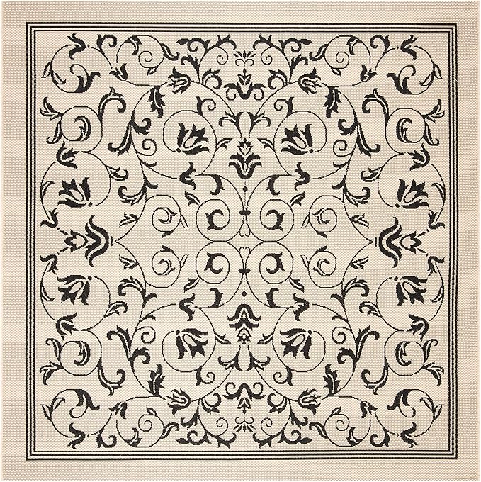 SAFAVIEH Courtyard Collection Area Rug - 6'7" Square, Sand & Black, Scroll Design, Non-Shedding & Easy Care, Indoor/Outdoor & Washable-Ideal for Patio, Backyard, Mudroom (CY2098-3901)