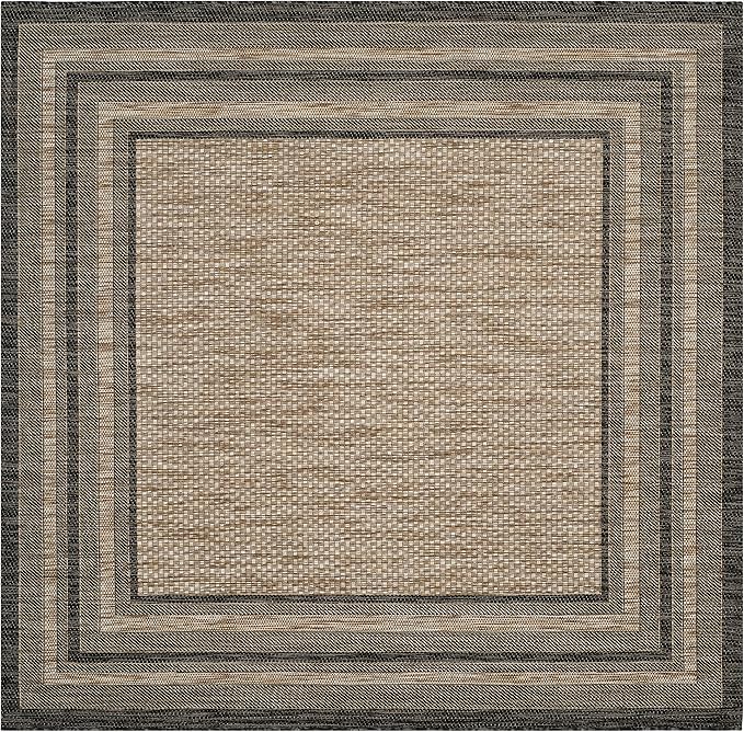 SAFAVIEH Courtyard Collection Area Rug - 7'10" Square, Natural & Black, Indoor/Outdoor, Weather Resistant & Washable, Ideal for Patio, Backyard, Mudroom, Deck (CY8475)