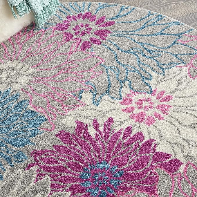 Nourison Passion Grey 4' x Round Area Rug, Floral, Farmhouse, Easy Cleaning, Non Shedding, Bed Room, Living Room, Dining Room, Kitchen, (4' Round)