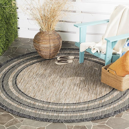 SAFAVIEH Courtyard Collection 4' Round Natural / Black CY8475 Indoor/ Outdoor Patio Backyard Mudroom Area Rug