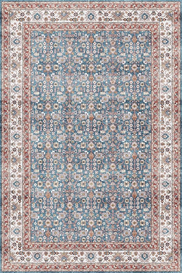Dripex 6x9 Area Rugs, Machine Washable Non Slip Distressed Boho Rugs, Area Rug for Living Room, No Pile Lightweight Vintage Rug, Soft Accent Carpet for Dining Room,Bedroom,Blue and Red