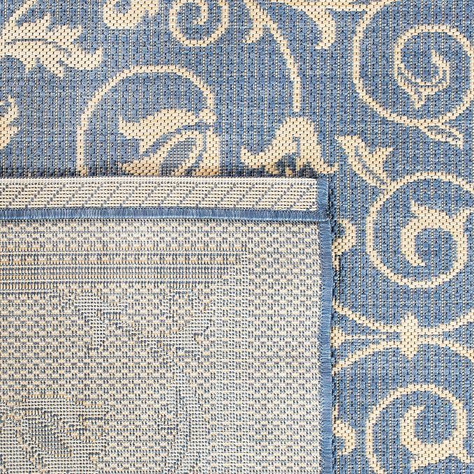 SAFAVIEH Courtyard Collection Area Rug - 7'1 Square, Blue & Natural, Scroll Design, Non-Shedding & Easy Care, Indoor/Outdoor & Washable-Ideal for Patio, Backyard, Mudroom (CY2098-3103)